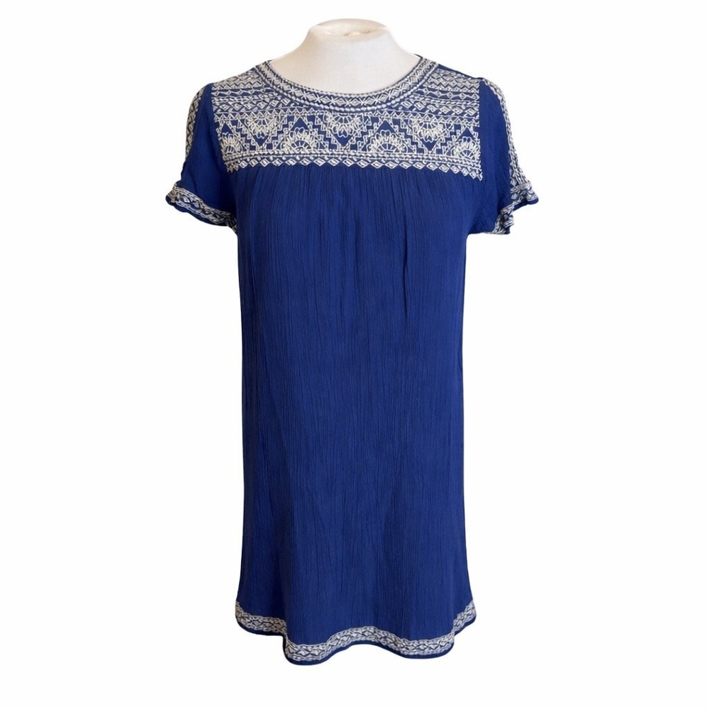 Lucky Brand Blue Embroidered Gauze Shift Dress Womens Small Boho Short Sleeve